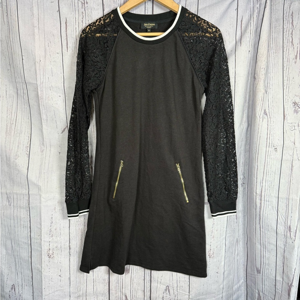 Juicy Couture Black Label Shift Dress lace sleeves zippered pockets Size M